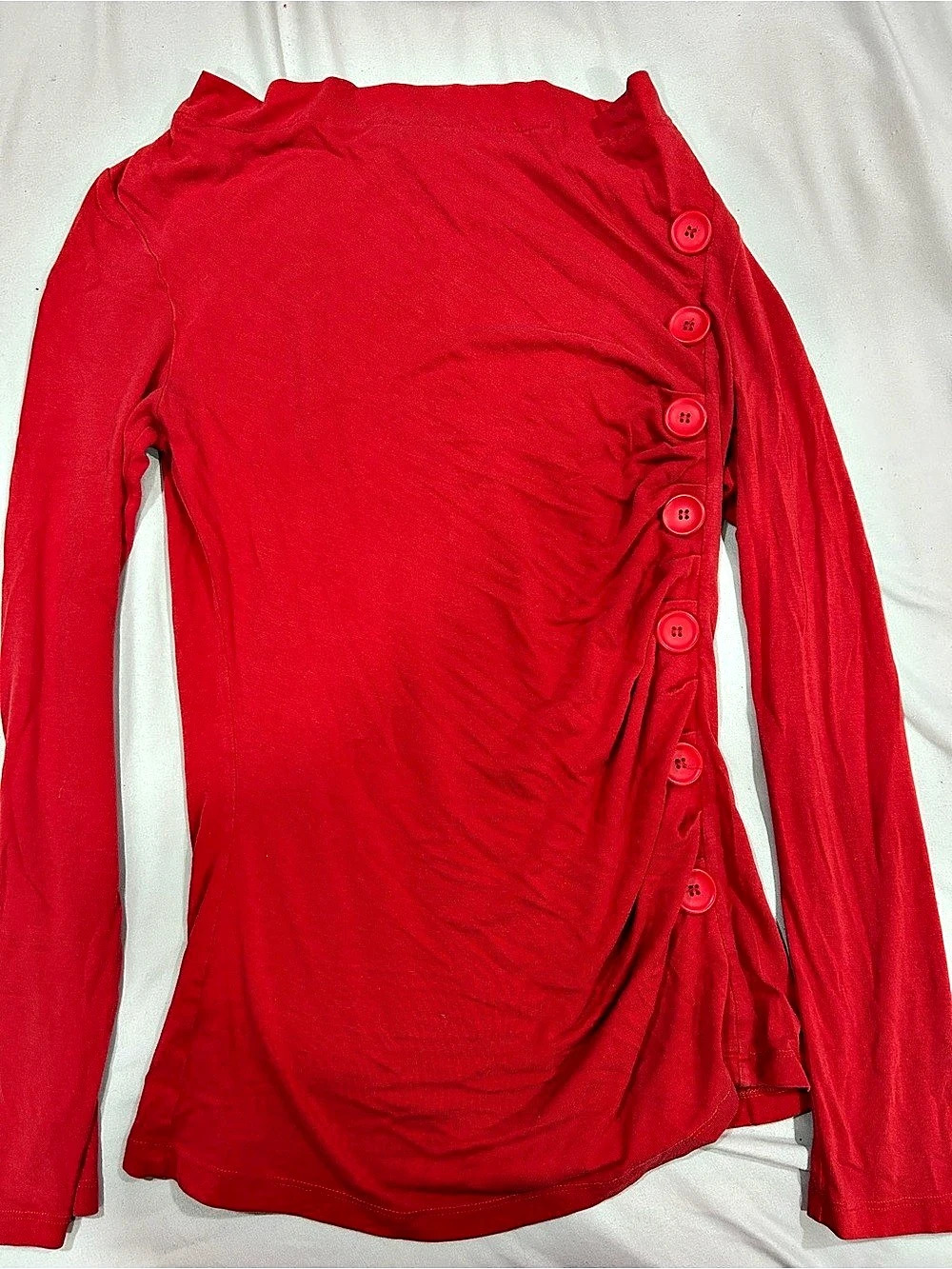 Red Ruched Button Long Sleeve Size Medium